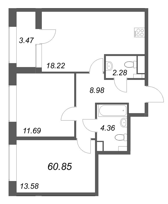 3-комнатная (Евро) квартира, 60.85 м² в ЖК "Аурум" - планировка, фото №1
