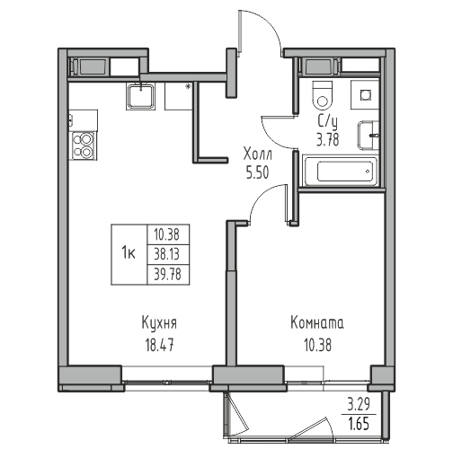 2-комнатная (Евро) квартира, 39.78 м² в ЖК "Юнтолово" - планировка, фото №1