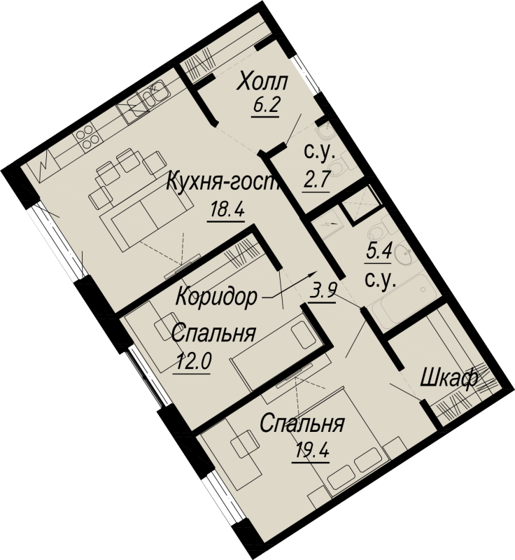 3-комнатная (Евро) квартира, 68.8 м² - планировка, фото №1