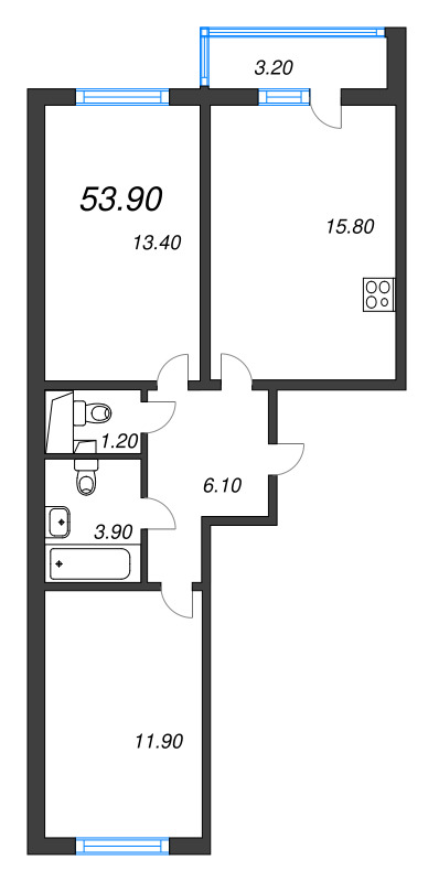 2-комнатная квартира, 53.9 м² в ЖК "Ручьи" - планировка, фото №1