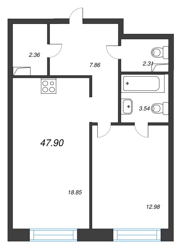 2-комнатная (Евро) квартира, 47.9 м² в ЖК "Остров Первых" - планировка, фото №1