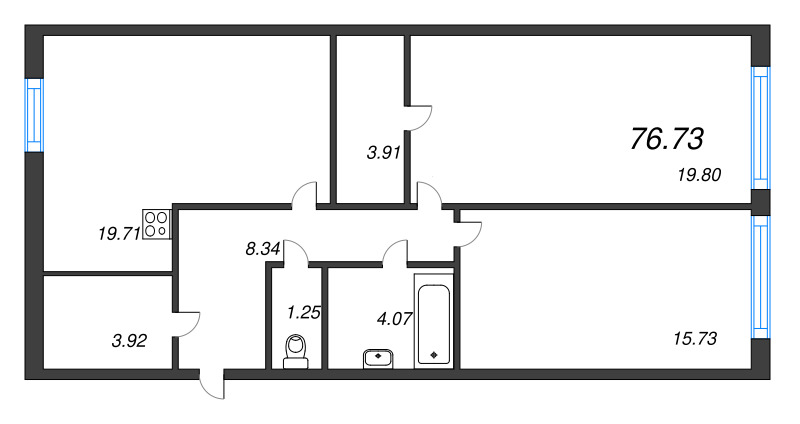 3-комнатная (Евро) квартира, 76.73 м² - планировка, фото №1