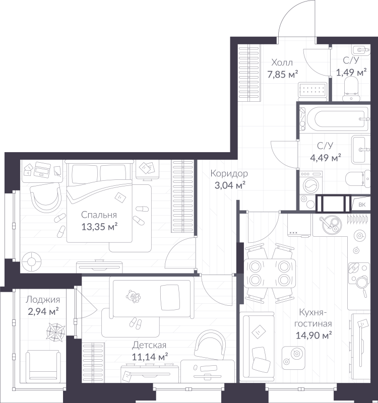 2-комнатная квартира, 57.73 м² в ЖК "VEREN NORT сертолово" - планировка, фото №1