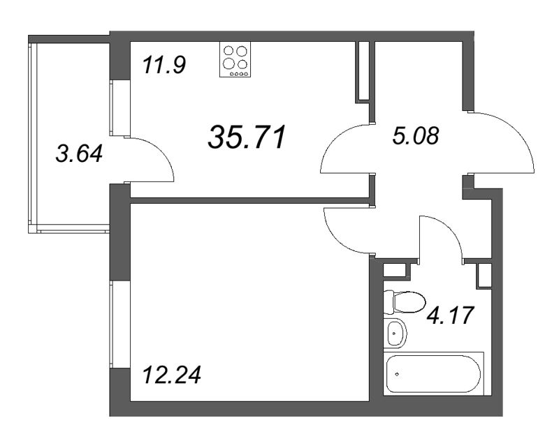 1-комнатная квартира, 35.71 м² в ЖК "Новая история" - планировка, фото №1