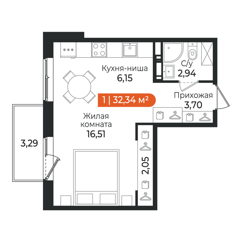 Квартира-студия, 32.34 м² в ЖК "Алгоритм Квинта" - планировка, фото №1
