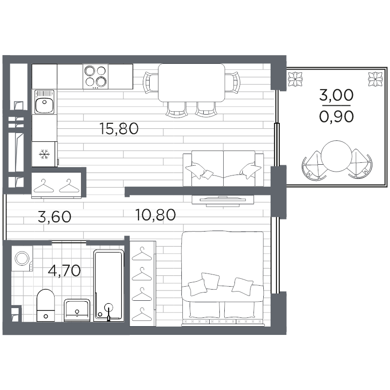2-комнатная (Евро) квартира, 35.8 м² в ЖК "PLUS Пулковский" - планировка, фото №1