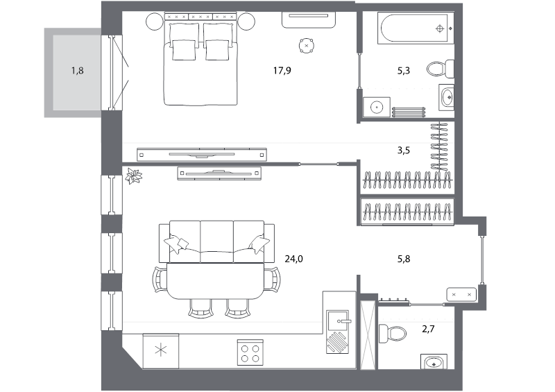 2-комнатная (Евро) квартира, 59.7 м² - планировка, фото №1