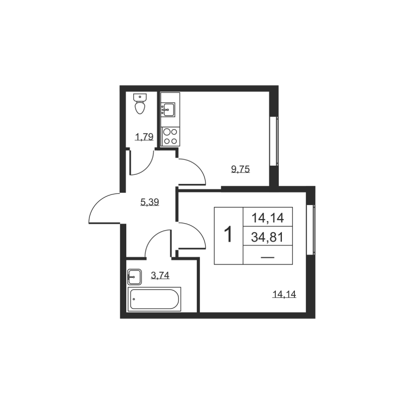 1-комнатная квартира, 34.81 м² в ЖК "Высота" - планировка, фото №1