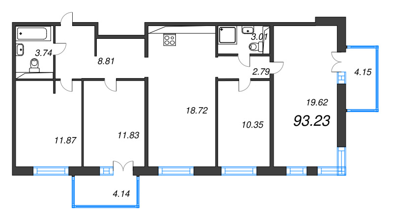 5-комнатная (Евро) квартира, 93.23 м² в ЖК "Арт Парк" - планировка, фото №1