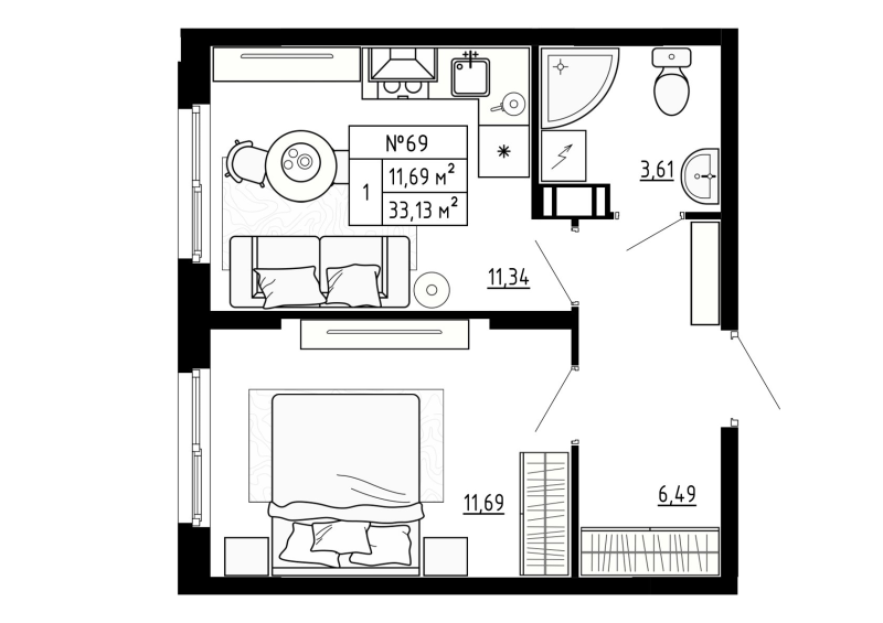 1-комнатная квартира, 33.13 м² - планировка, фото №1