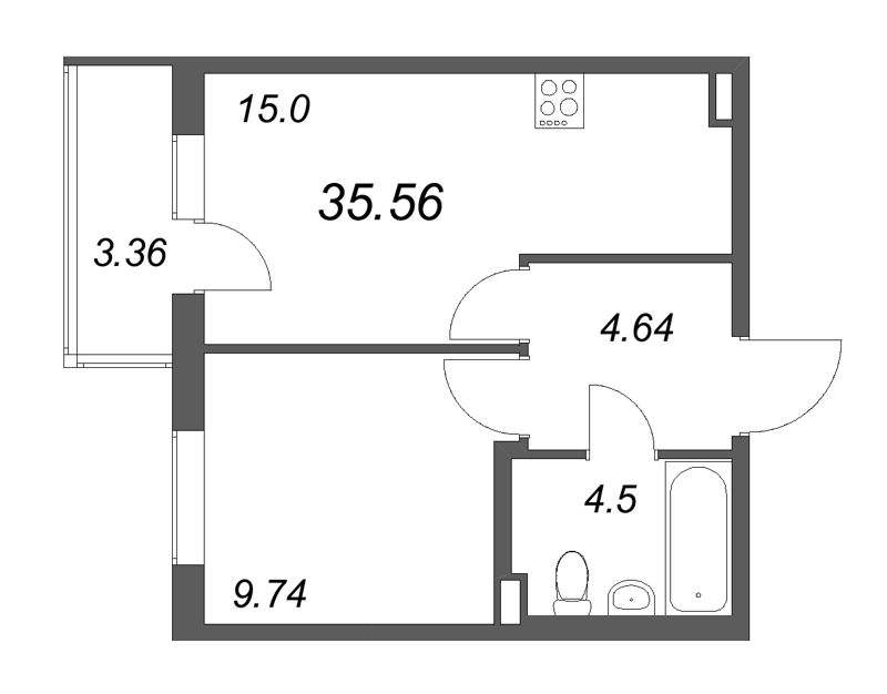 1-комнатная квартира, 35.56 м² в ЖК "Новая история" - планировка, фото №1