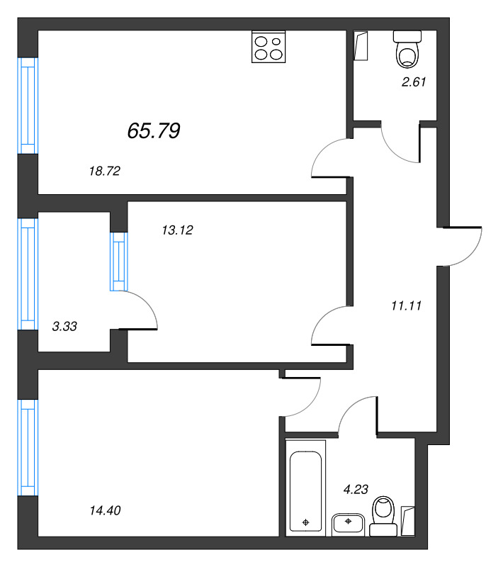 3-комнатная (Евро) квартира, 65.79 м² - планировка, фото №1