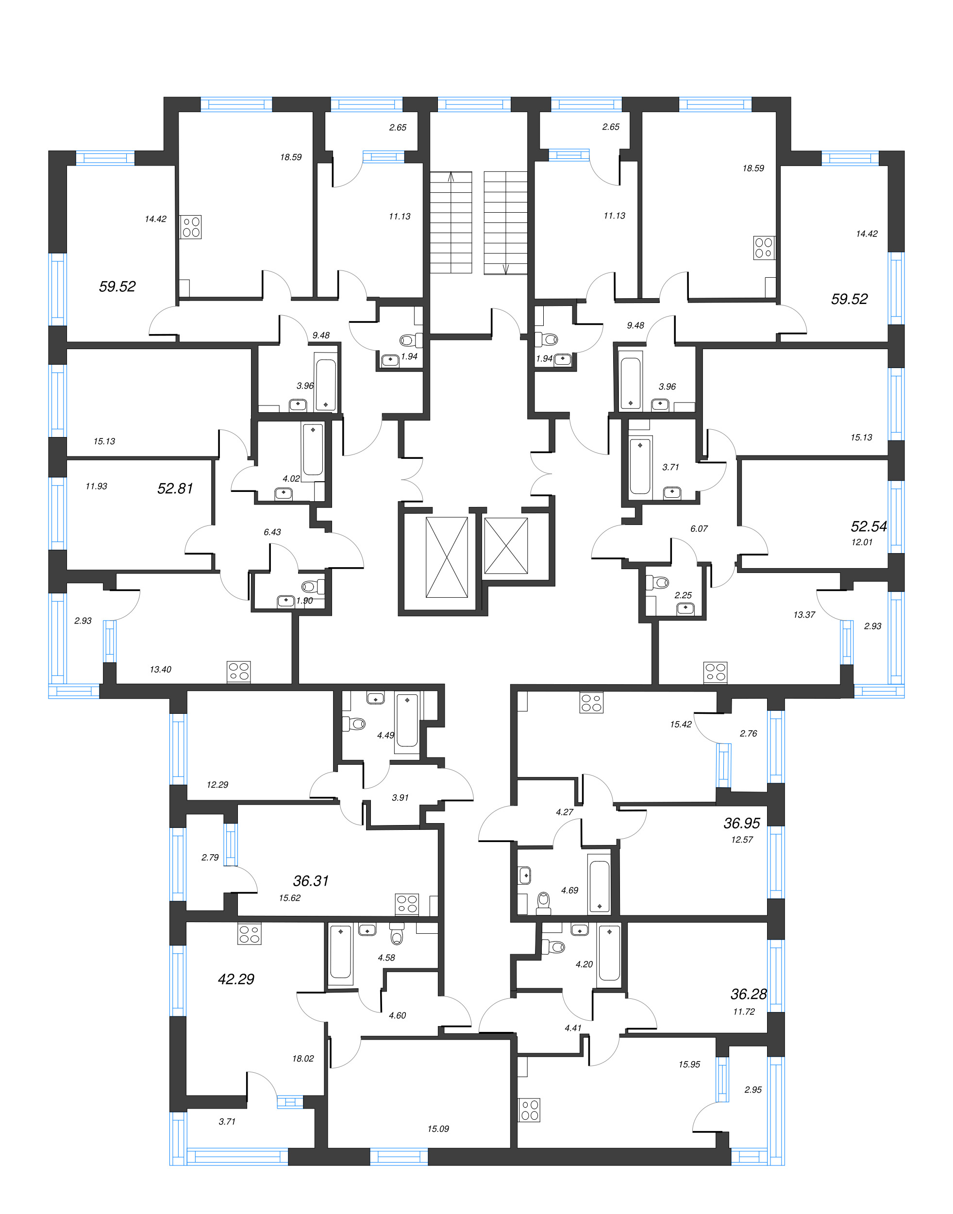 2-комнатная квартира, 52.54 м² в ЖК "Б15" - планировка этажа