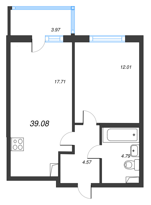 2-комнатная (Евро) квартира, 39.08 м² в ЖК "Ясно.Янино" - планировка, фото №1