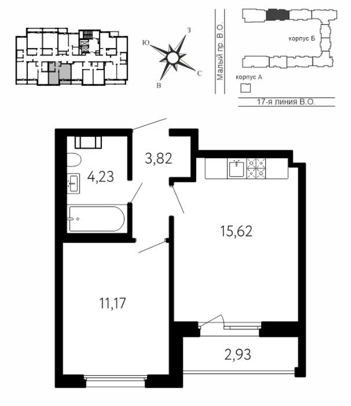 2-комнатная (Евро) квартира, 36.31 м² в ЖК "17-я линия" - планировка, фото №1