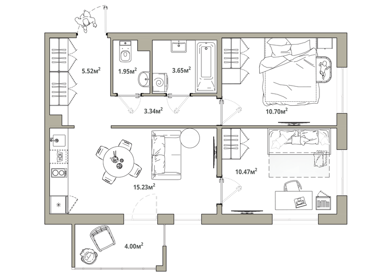 3-комнатная (Евро) квартира, 52.06 м² в ЖК "Тишин" - планировка, фото №1