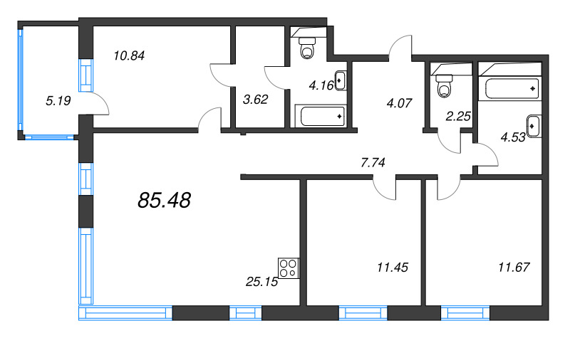 4-комнатная (Евро) квартира, 85.48 м² - планировка, фото №1