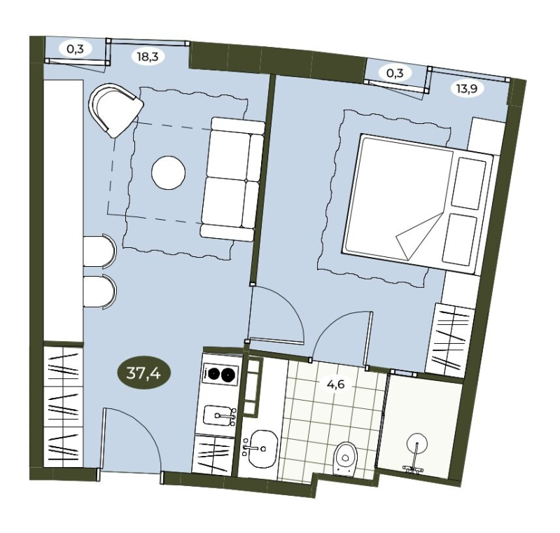 2-комнатная (Евро) квартира, 37.4 м² в ЖК "Место в Рощино" - планировка, фото №1