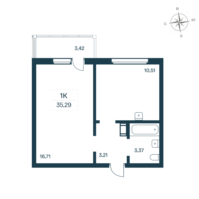 1-комнатная квартира, 35.3 м² - планировка, фото №1