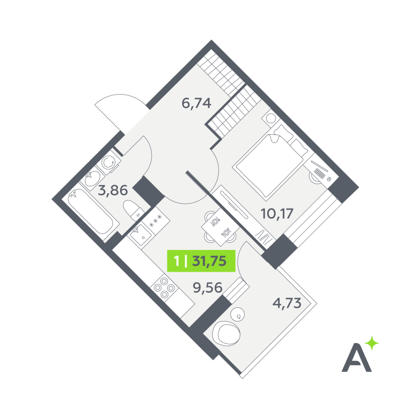 1-комнатная квартира, 31.75 м² в ЖК "Аквилон РекаПарк" - планировка, фото №1