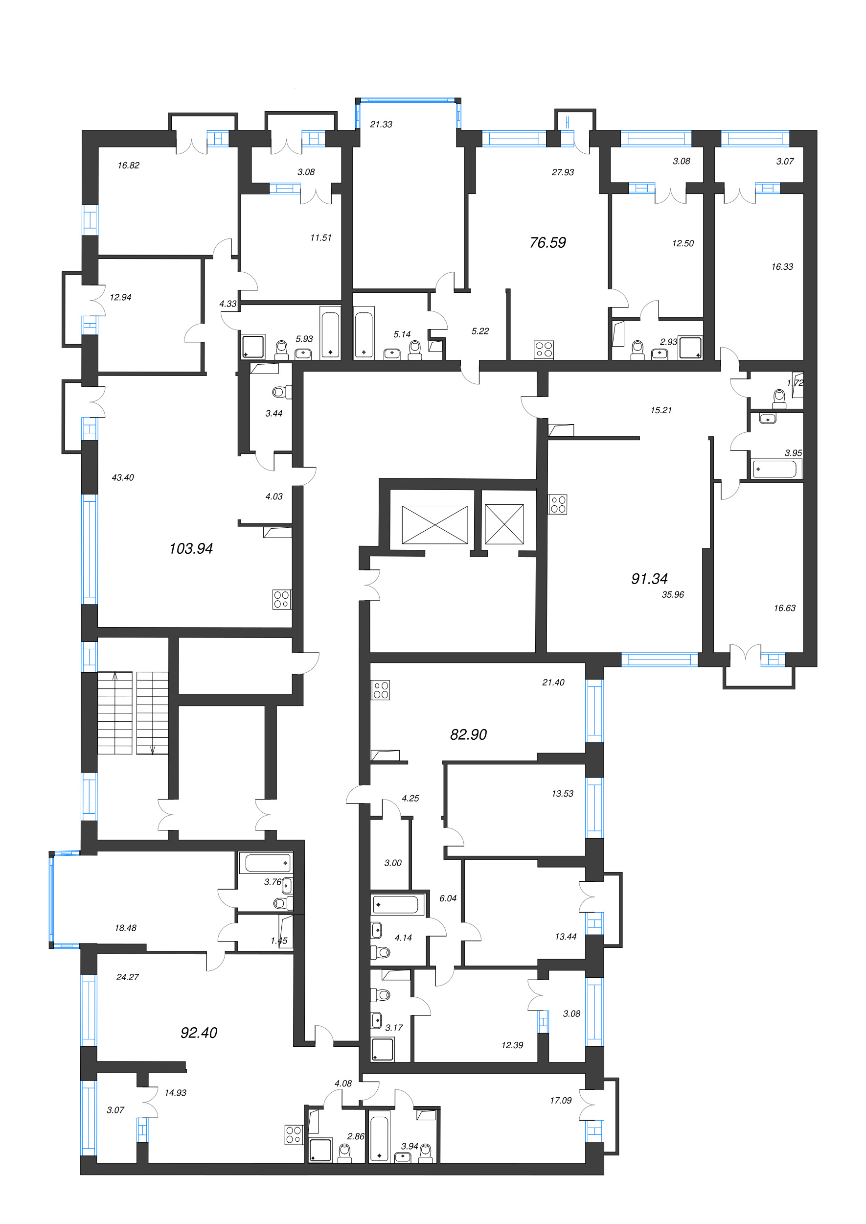 3-комнатная квартира, 92.4 м² - планировка этажа