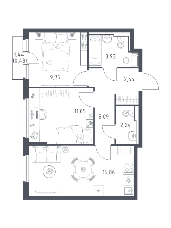 3-комнатная (Евро) квартира, 50.9 м² в ЖК "Новое Колпино" - планировка, фото №1