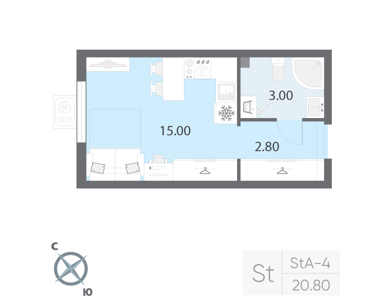 Квартира-студия, 20.8 м² в ЖК "Ручьи" - планировка, фото №1