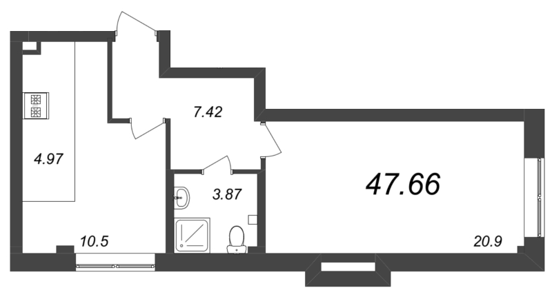 2-комнатная (Евро) квартира, 47.66 м² - планировка, фото №1