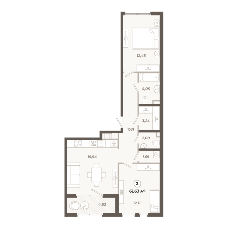 3-комнатная (Евро) квартира, 61.63 м² в ЖК "Знатный" - планировка, фото №1