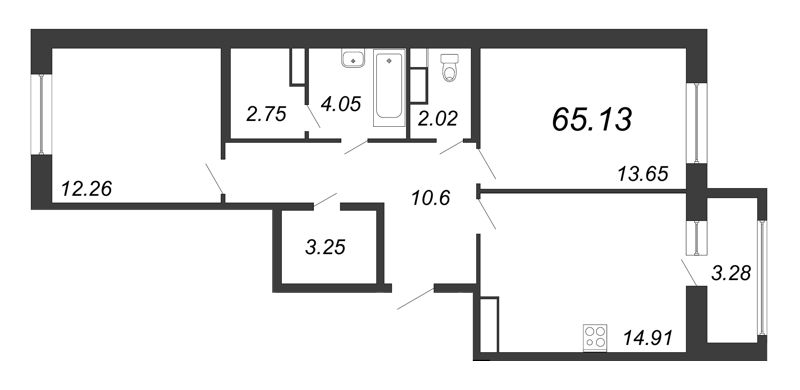 3-комнатная (Евро) квартира, 65.13 м² - планировка, фото №1