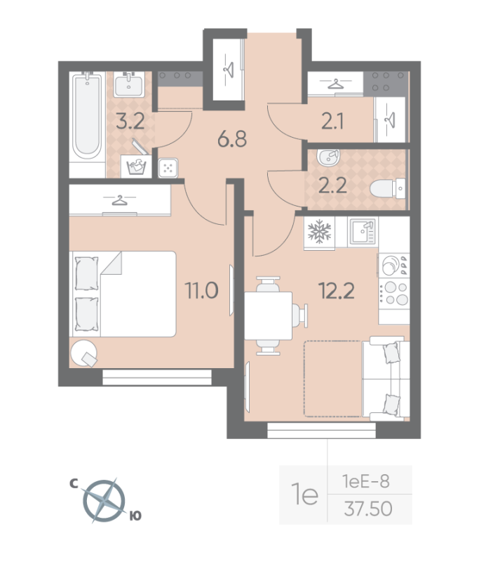 1-комнатная квартира, 37.5 м² в ЖК "Пулково Lake" - планировка, фото №1