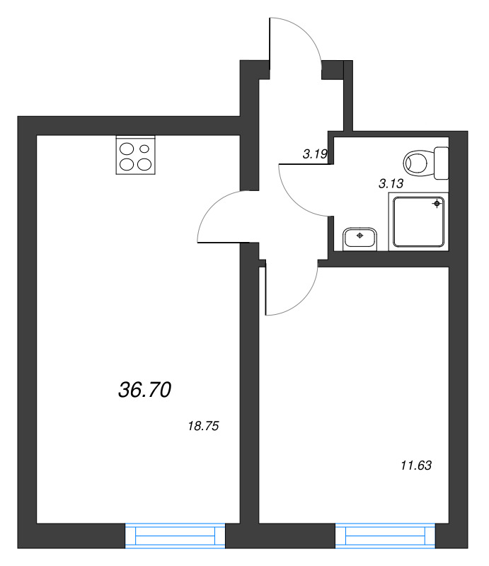 2-комнатная (Евро) квартира, 36.7 м² в ЖК "Морская миля" - планировка, фото №1