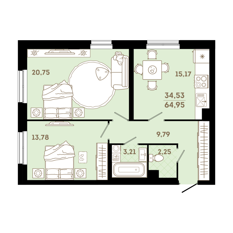 3-комнатная (Евро) квартира, 64.95 м² - планировка, фото №1