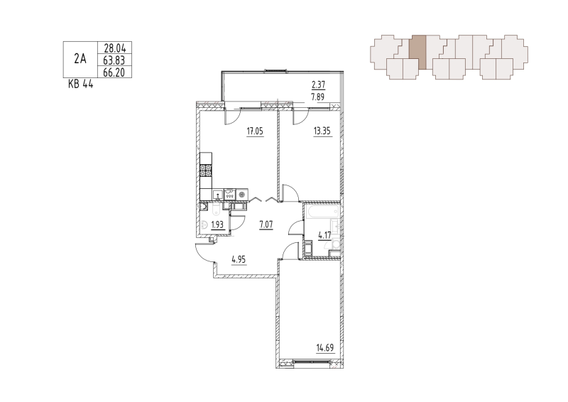 3-комнатная (Евро) квартира, 67.5 м² в ЖК "Loft у озера" - планировка, фото №1