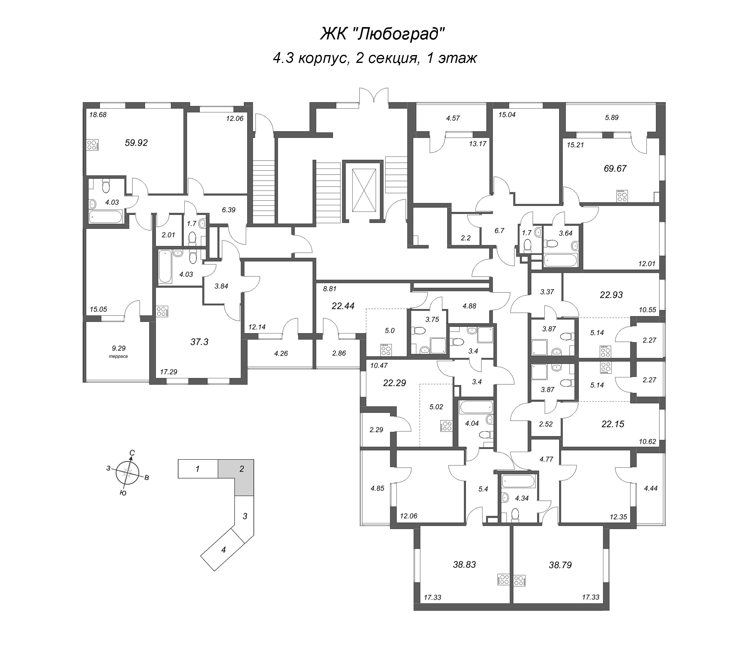 Квартира-студия, 22.44 м² в ЖК "Любоград" - планировка этажа
