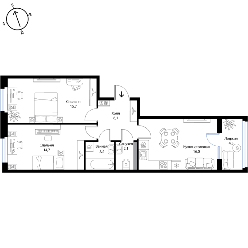 3-комнатная (Евро) квартира, 60.1 м² - планировка, фото №1