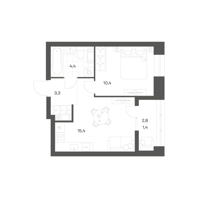2-комнатная (Евро) квартира, 34.83 м² в ЖК "Новый Питер" - планировка, фото №1