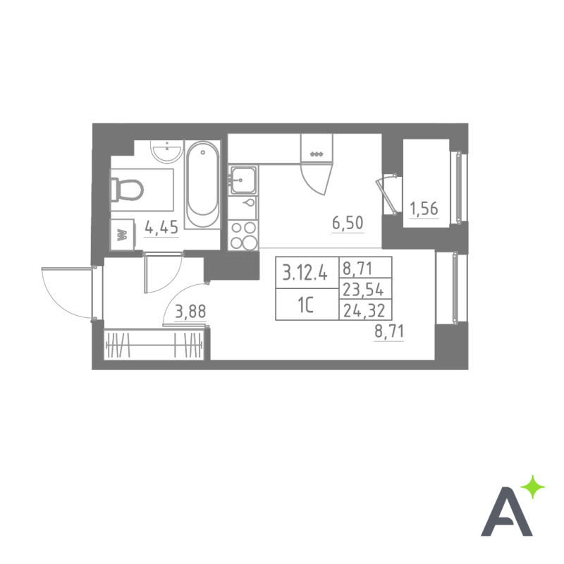 Квартира-студия, 23.81 м² в ЖК "Аквилон Solar" - планировка, фото №1