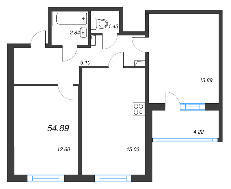 2-комнатная квартира, 54.89 м² в ЖК "Любоград" - планировка, фото №1