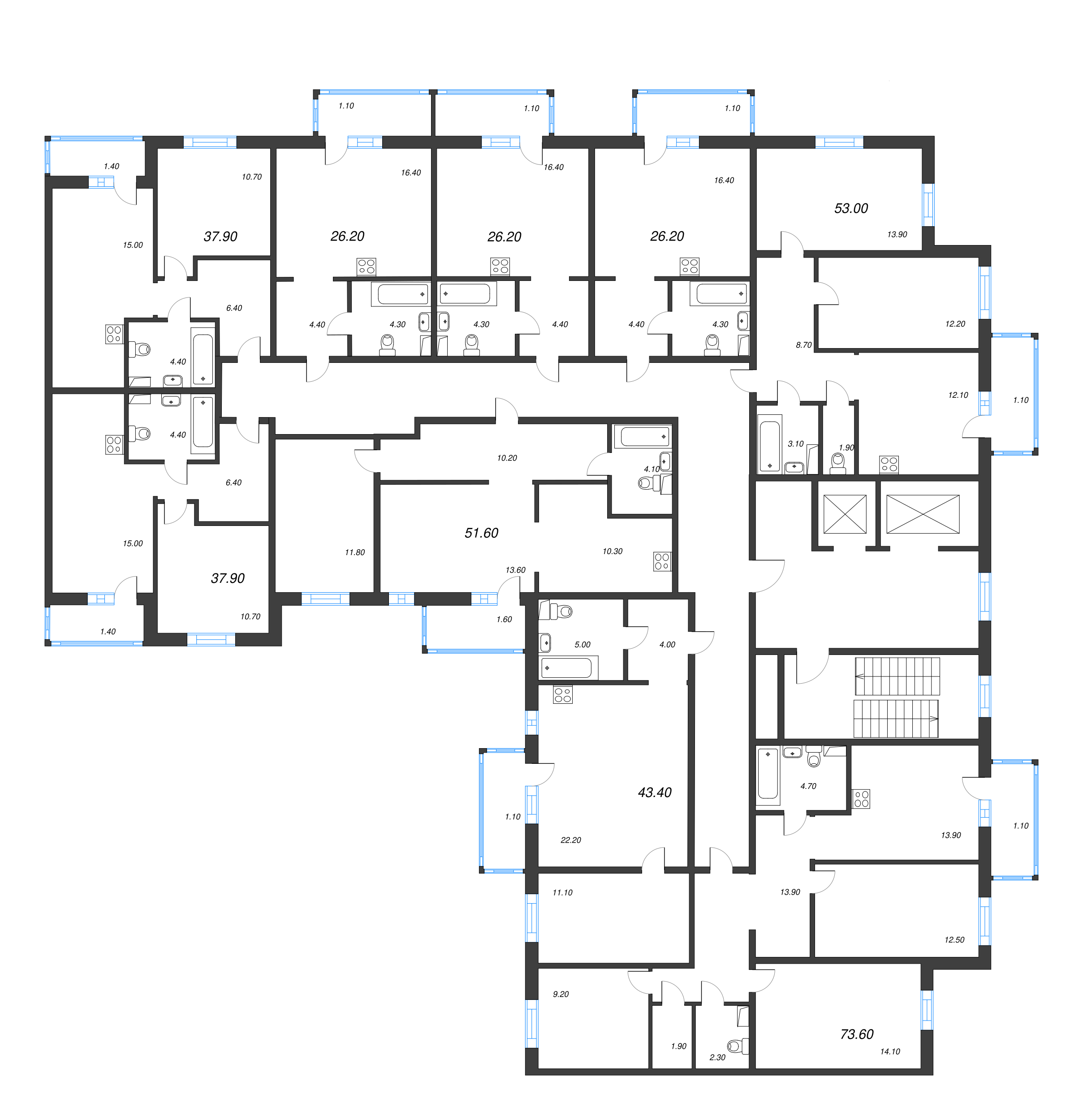 2-комнатная (Евро) квартира, 43.4 м² - планировка этажа