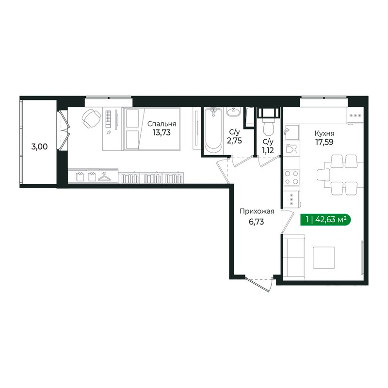 2-комнатная (Евро) квартира, 41.4 м² в ЖК "Сертолово Парк" - планировка, фото №1