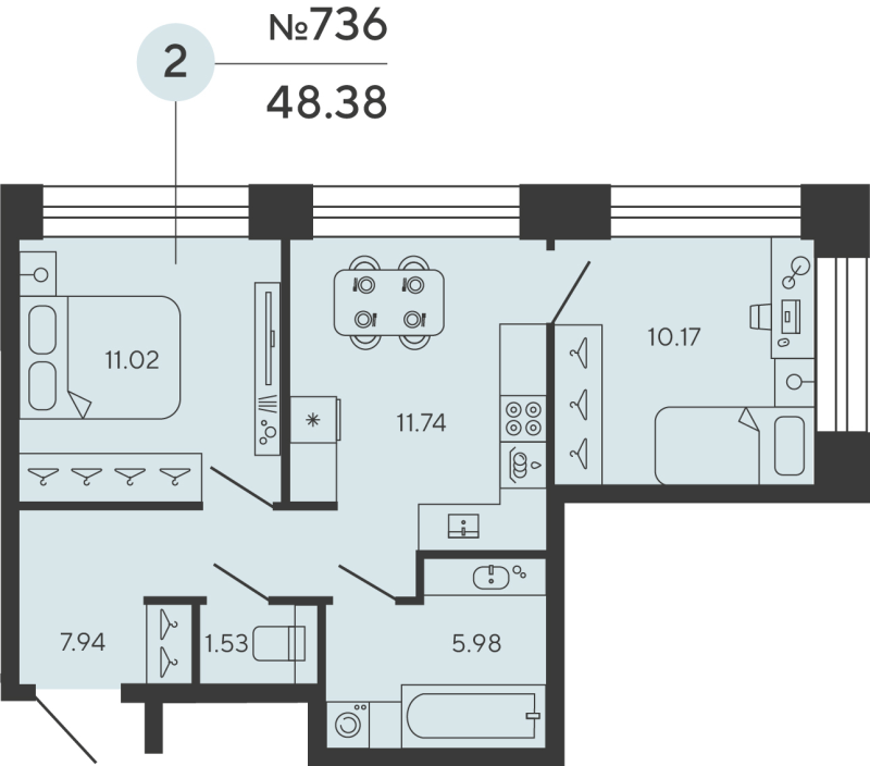 2-комнатная квартира, 48.38 м² в ЖК "Bashni Element" - планировка, фото №1