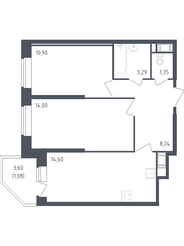 3-комнатная (Евро) квартира, 53.46 м² - планировка, фото №1