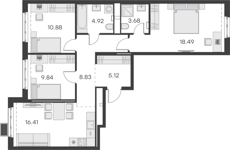 4-комнатная (Евро) квартира, 78.17 м² - планировка, фото №1