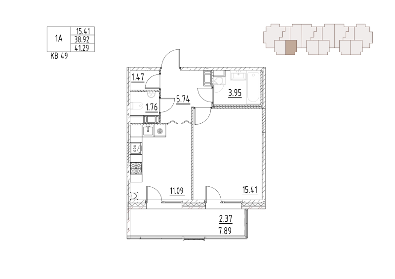 1-комнатная квартира, 43.4 м² в ЖК "Loft у озера" - планировка, фото №1