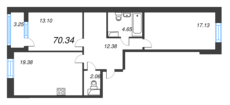 3-комнатная (Евро) квартира, 70.34 м² - планировка, фото №1