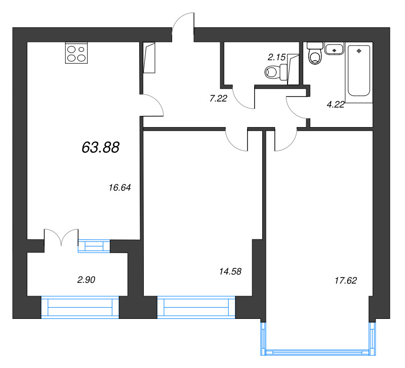 3-комнатная (Евро) квартира, 63.88 м² в ЖК "Наука" - планировка, фото №1