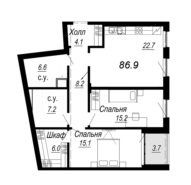 2-комнатная квартира, 87.7 м² - планировка, фото №1