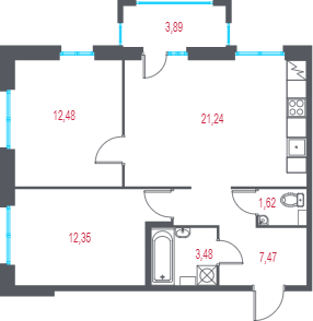 3-комнатная (Евро) квартира, 59.81 м² в ЖК "Город-спутник Южный" - планировка, фото №1