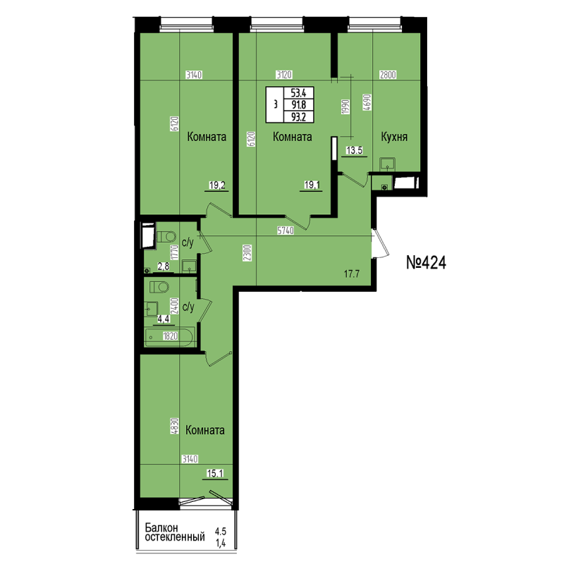 3-комнатная квартира, 93.2 м² в ЖК "ПРАГМА СИТИ" - планировка, фото №1